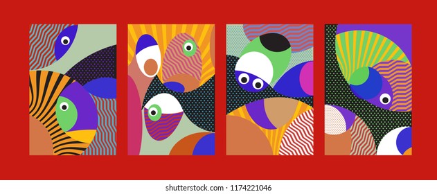 Vector Abstract Colorful Geometric and Curvy pattern background illustration. Set of Abstract Tribal Ethnic background for Cover, Poster, and print in Eps 10.