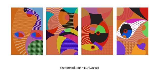 Vector Abstract Colorful Geometric and Curvy pattern background illustration. Set of Abstract Tribal Ethnic background for Cover, Poster, and print in Eps 10.
