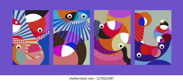 Vector Abstract Colorful Geometric and Curvy pattern background illustration. Set of Abstract Tribal Ethnic background for Cover, Poster, and print in Eps 10.