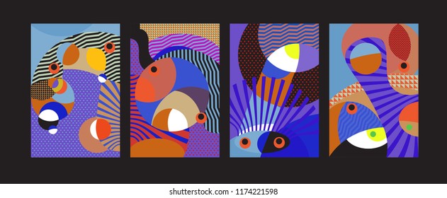 Vector Abstract Colorful Geometric and Curvy pattern background illustration. Set of Abstract Tribal Ethnic background for Cover, Poster, and print in Eps 10.