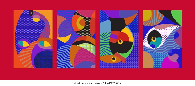 Vector Abstract Colorful Geometric and Curvy pattern background illustration. Set of Abstract Tribal Ethnic background for Cover, Poster, and print in Eps 10.