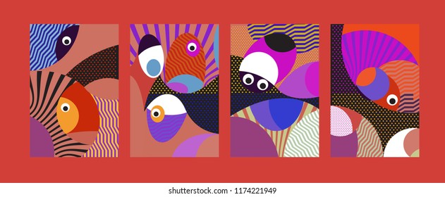 Vector Abstract Colorful Geometric and Curvy pattern background illustration. Set of Abstract Tribal Ethnic background for Cover, Poster, and print in Eps 10.