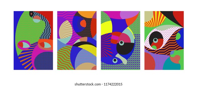 Vector Abstract Colorful Geometric and Curvy pattern background illustration. Set of Abstract Tribal Ethnic background for Cover, Poster, and print in Eps 10.