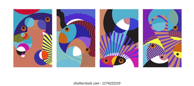 Vector Abstract Colorful Geometric and Curvy pattern background illustration. Set of Abstract Tribal Ethnic background for Cover, Poster, and print in Eps 10.
