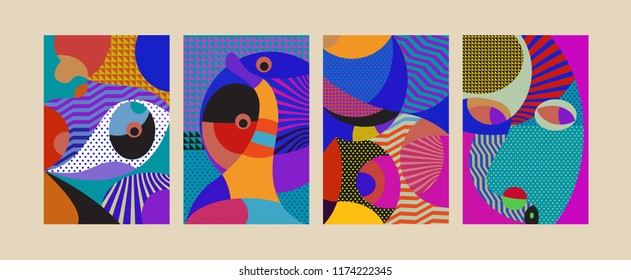 Vector Abstract Colorful Geometric and Curvy pattern background illustration. Set of Abstract Tribal Ethnic background for Cover, Poster, and print in Eps 10.