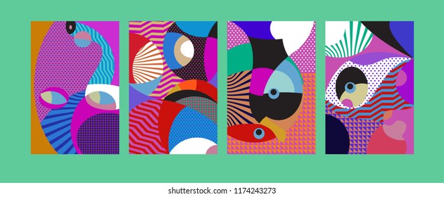 Vector Abstract Colorful Geometric and Curvy pattern background illustration. Set of Abstract Tribal Ethnic background for Cover, Poster, and print in Eps 10