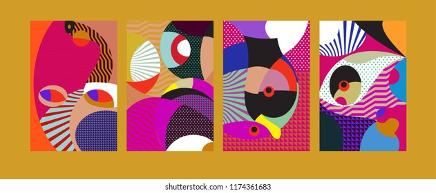 Vector Abstract Colorful Geometric and Curvy pattern background illustration. Set of Abstract Tribal Ethnic background for Cover, Poster, and print in Eps 10.