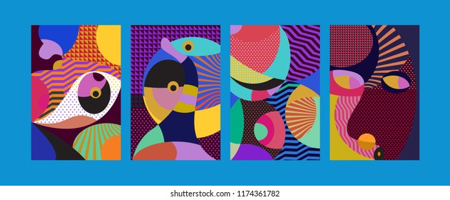 Vector Abstract Colorful Geometric and Curvy pattern background illustration. Set of Abstract Tribal Ethnic background for Cover, Poster, and print in Eps 10.