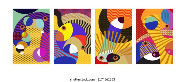Vector Abstract Colorful Geometric and Curvy pattern background illustration. Set of Abstract Tribal Ethnic background for Cover, Poster, and print in Eps 10.