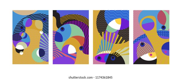 Vector Abstract Colorful Geometric and Curvy pattern background illustration. Set of Abstract Tribal Ethnic background for Cover, Poster, and print in Eps 10.
