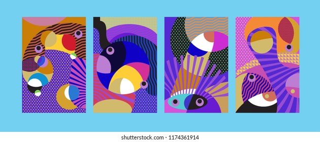 Vector Abstract Colorful Geometric and Curvy pattern background illustration. Set of Abstract Tribal Ethnic background for Cover, Poster, and print in Eps 10.