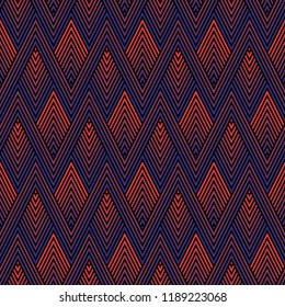 Vector abstract colorful geometric seamless pattern with zigzag lines, stripes, chevron, halftone rhombuses. Creative sport style texture. Trendy graphic background. Red, blue, purple and black colors