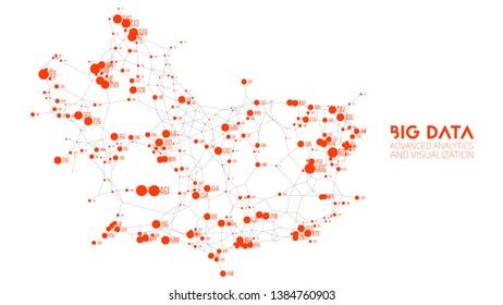 Vector abstract colorful graph big data information connection visualization. Social network, financial analysis of complex databases. Visual information complexity clarification. Intricate data cloud