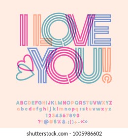 Vector abstract colorful greeting card I Love You with cute Hearts. Set of geometric Alphabet Letters, Numbers and Punctuation Symbols