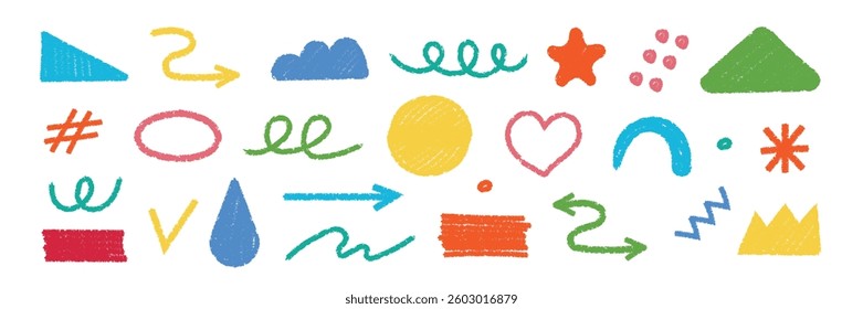 Vector abstract, colorful, hand-drawn doodles, crayon pencil-style element shape set with the texture grunge pastel sketch brush effect. Charcoal geometric collage with irregular organic shapes.