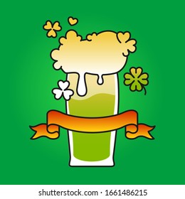 Vector abstract colorful illustration for Saint Patrick's Day, 17th March. Design concept for party invitation, poster, cover, banner. Glass of beer with a foam drops shaped like clover  shamrock
