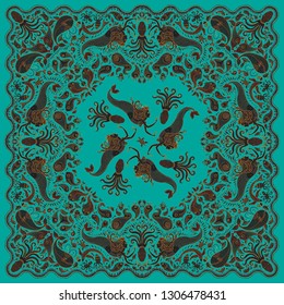 Vector abstract colorful mermaid print on a turquoise background. Paisley pattern, hand drawn fish, fantasy sea animals, ornate cute octopus. Bandana design, scarf, kerchief ornament, tee shirt print
