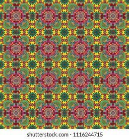 Vector abstract colorful painted kaleidoscopic graphic background. Seamless background pattern. Folk ethnic floral ornamental mandala in green, yellow and blue colors.