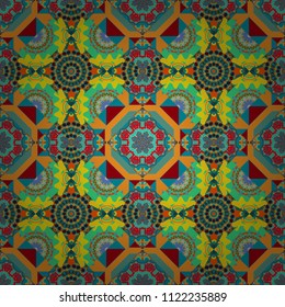 Vector abstract colorful painted kaleidoscopic graphic background. Seamless background pattern. Folk ethnic floral ornamental mandala in yellow, green and blue colors.