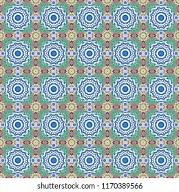 Vector abstract colorful painted kaleidoscopic graphic background. Seamless background pattern. Folk ethnic floral ornamental mandala in green, blue and white colors.