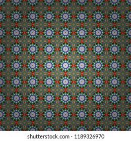 Vector abstract colorful painted kaleidoscopic graphic background. Seamless background pattern. Folk ethnic floral ornamental mandala in blue, green and red colors.