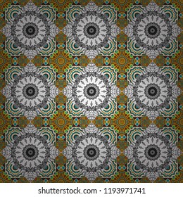 Vector abstract colorful painted kaleidoscopic graphic background. Seamless background pattern. Folk ethnic floral ornamental mandala in yellow, magenta and red colors.