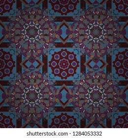 Vector abstract colorful painted kaleidoscopic graphic background. Folk ethnic floral ornamental mandala in purple, blue and gray colors. Seamless background pattern.