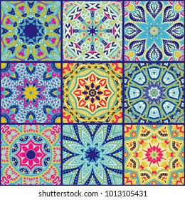 Vector abstract colorful patchwork seamless pattern, ethnic ornaments., Islam, Arabic, Indian motifs, hand drawn elements. Mandala round paisley ornament in squares for textile print design 