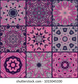 Vector abstract colorful patchwork seamless pattern, ethnic ornaments., Arabic, Indian motifs, hand drawn elements. Mandala round paisley ornament in squares for textile print design, wrapping paper.