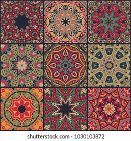 Vector abstract colorful patchwork seamless pattern, ethnic ornaments., Arabic, Indian motifs, hand drawn elements. Mandala round paisley ornament in squares for textile print design, wrapping paper