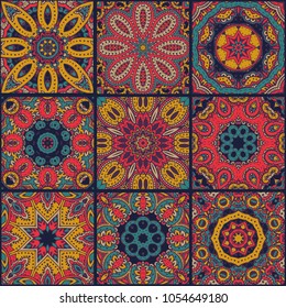 Vector abstract colorful patchwork seamless pattern, ethnic ornaments., Arabic, Indian motifs, hand drawn elements. Mandala round paisley ornament in squares for textile print design, wrapping paper.