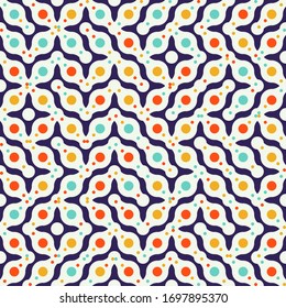 Vector abstract colorful pattern with organic shapes, circles and dots. Geometric print for sporty or kids fashion. Mid century design background for home decor.