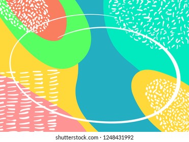 Vector abstract colorful pop art pattern background. Geometric design with liquid splash overlay shapes in trendy Memphis style for your flyers, banners, posters, cards, cover, advertising