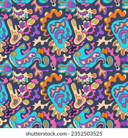Vector abstract colorful psychedelic seamless pattern with hand drawn wave elements