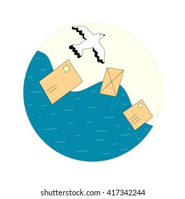 Vector abstract colorful  round card with bird and letters. Bird and envelopes card