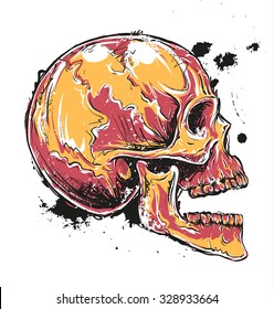 Vector abstract colorful skull illustration. Side view, yellow and red. Isolated on white.