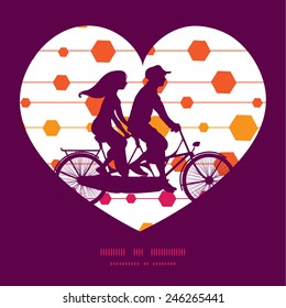Vector abstract colorful stripes and shapes couple on tandem bicycle heart silhouette frame pattern greeting card template