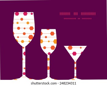 Vector abstract colorful stripes and shapes three wine glasses silhouettes pattern frame