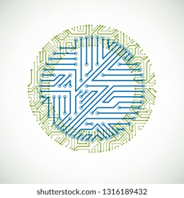 Vector abstract colorful technology illustration with round green and blue circuit board. High tech circular digital scheme of electronic device.