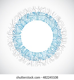 Vector abstract colorful technology illustration with round blue circuit board. High tech circular digital scheme of electronic device.