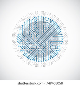 Vector abstract colorful technology illustration with round blue circuit board. High tech circular digital scheme of electronic device.