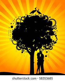 Vector abstract colorful tree with lovers. Nature decoration.