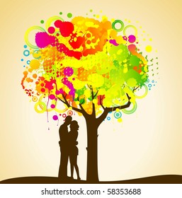 Vector abstract colorful tree with lovers. Nature decoration.