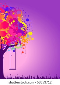 Vector abstract colorful tree with swing. Nature decoration.