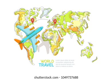 Vector abstract colorful world map and flying airplane, top view illustration isolated on white background. Travel around the world and tourism creative concept.