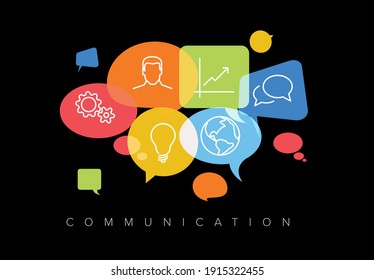 Vector abstract Communication concept illustration - colorful speech bubbles clouds with icons on black background