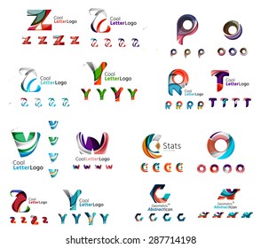 Mega colección del logotipo de la compañía de vectores abstractos, letras tipográficas y otros elementos, ondas, líneas. Conjunto de iconos universales para cualquier idea