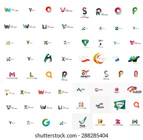 Mega colección del logotipo de la compañía de vectores abstractos, letras tipográficas y otros elementos, ondas, líneas. Conjunto de iconos universales para cualquier idea