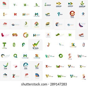 Mega colección del logotipo de la compañía de vectores abstractos, letras tipográficas y otros elementos, ondas, líneas. Conjunto de iconos universales para cualquier idea
