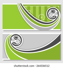 Vector abstract composition of logo for text, notes, title; horizontal poster banner, fun football ball flying on trajectory over field playground, football club closeup, invitation ticket